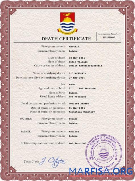 Blank Kiribati death certificate PSD template
